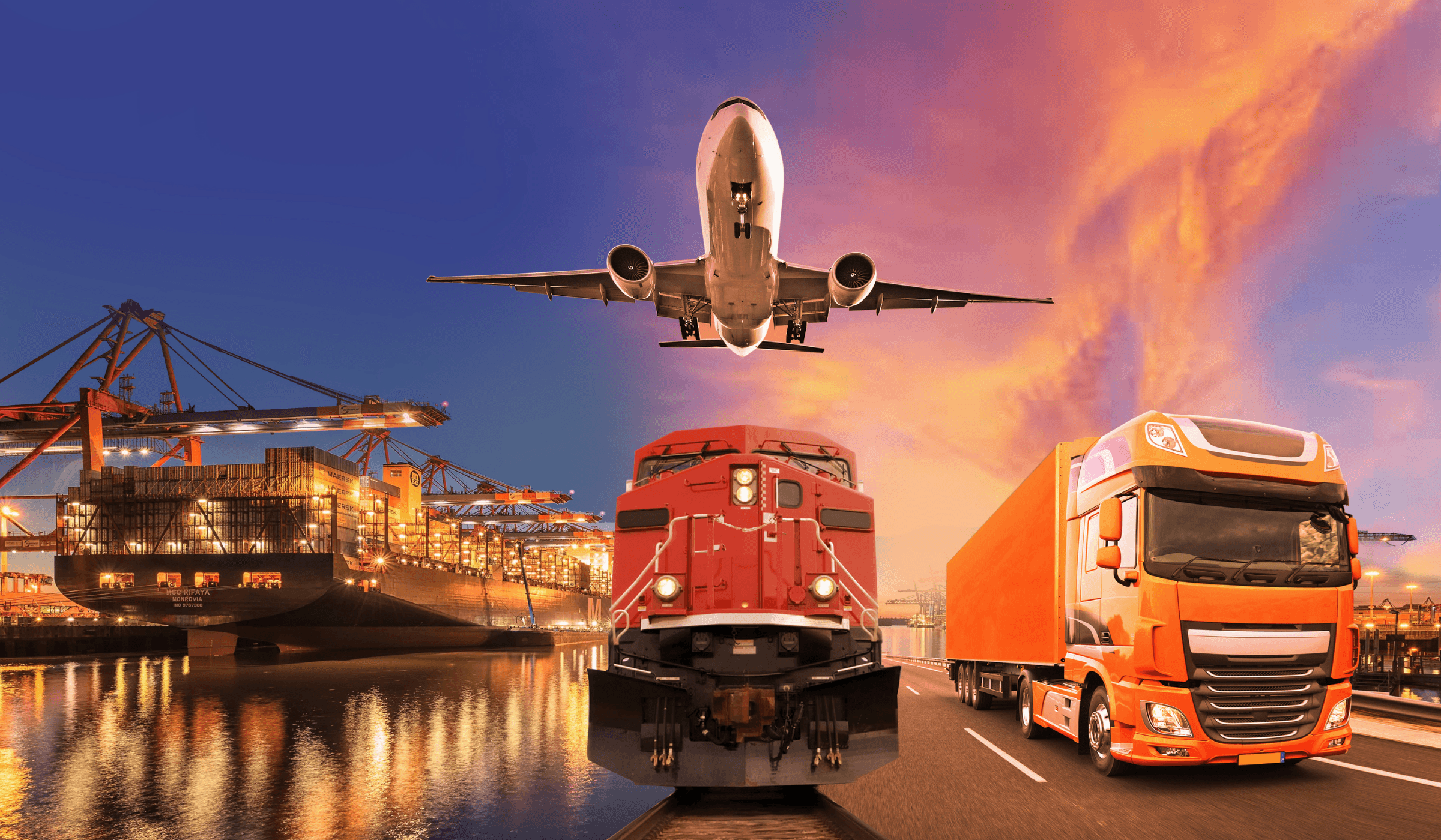 Multimodal freight forwarding with cargo ship, train, truck, and airplane at a port