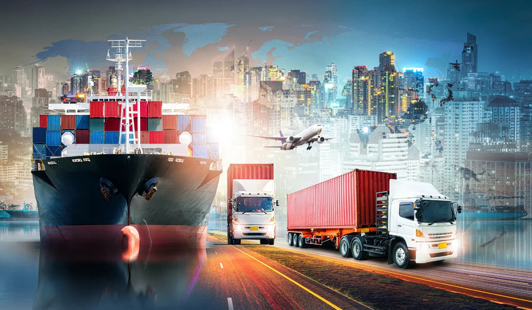 Global import-export shipment network with cargo ship, airplane, and container trucks