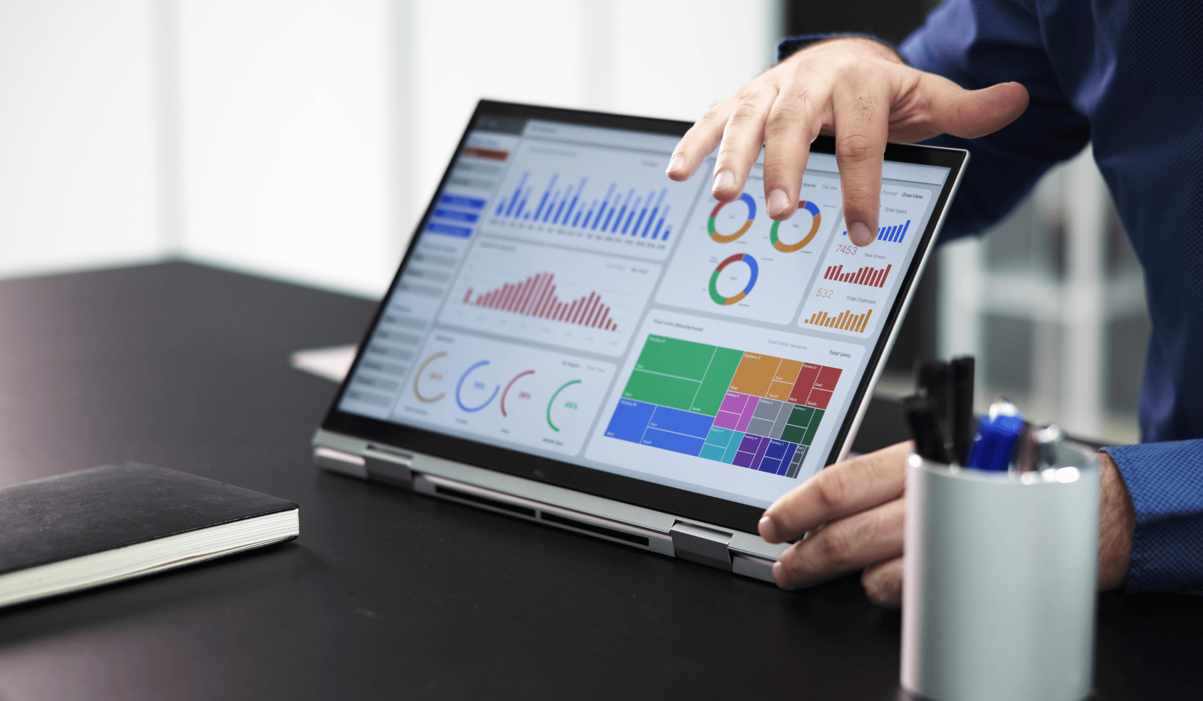 Business analyst preparing client-ready research report with dashboard data