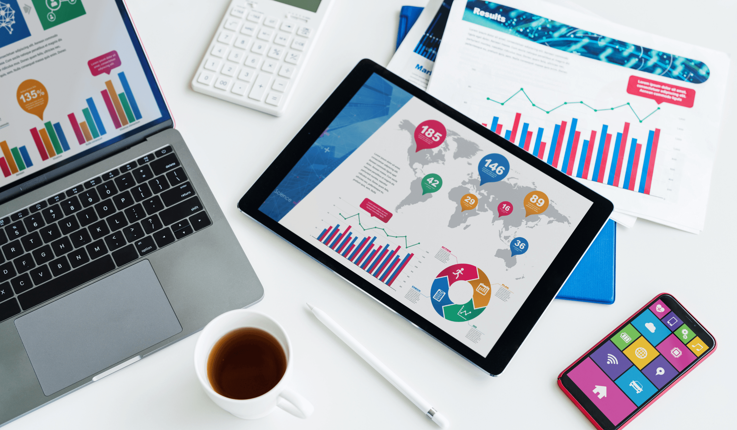 Market research workspace with global trade dashboards and analytics reports