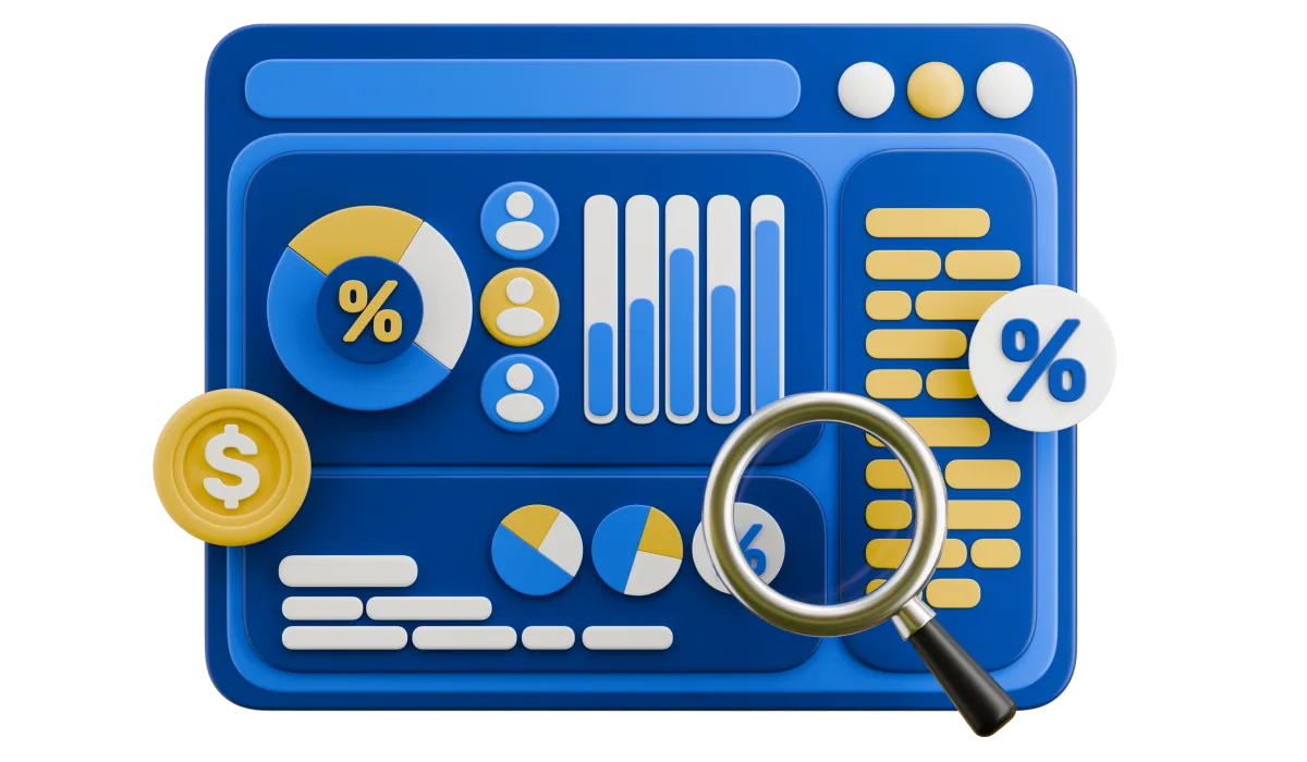 Analytics dashboard with charts and a magnifying glass